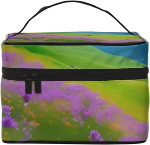 Nature Purple Flowers Meadow Mountain Scenic Print Portable Travel Makeup Case Versatile Zipper for Makeup Bag Large Capacity Polyeste