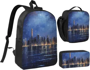 Night Scene print Backpack Set Casual Shoulder Bag Lunch Bag Pen Pouch 3 in 1 Set 17inch for Women Men College