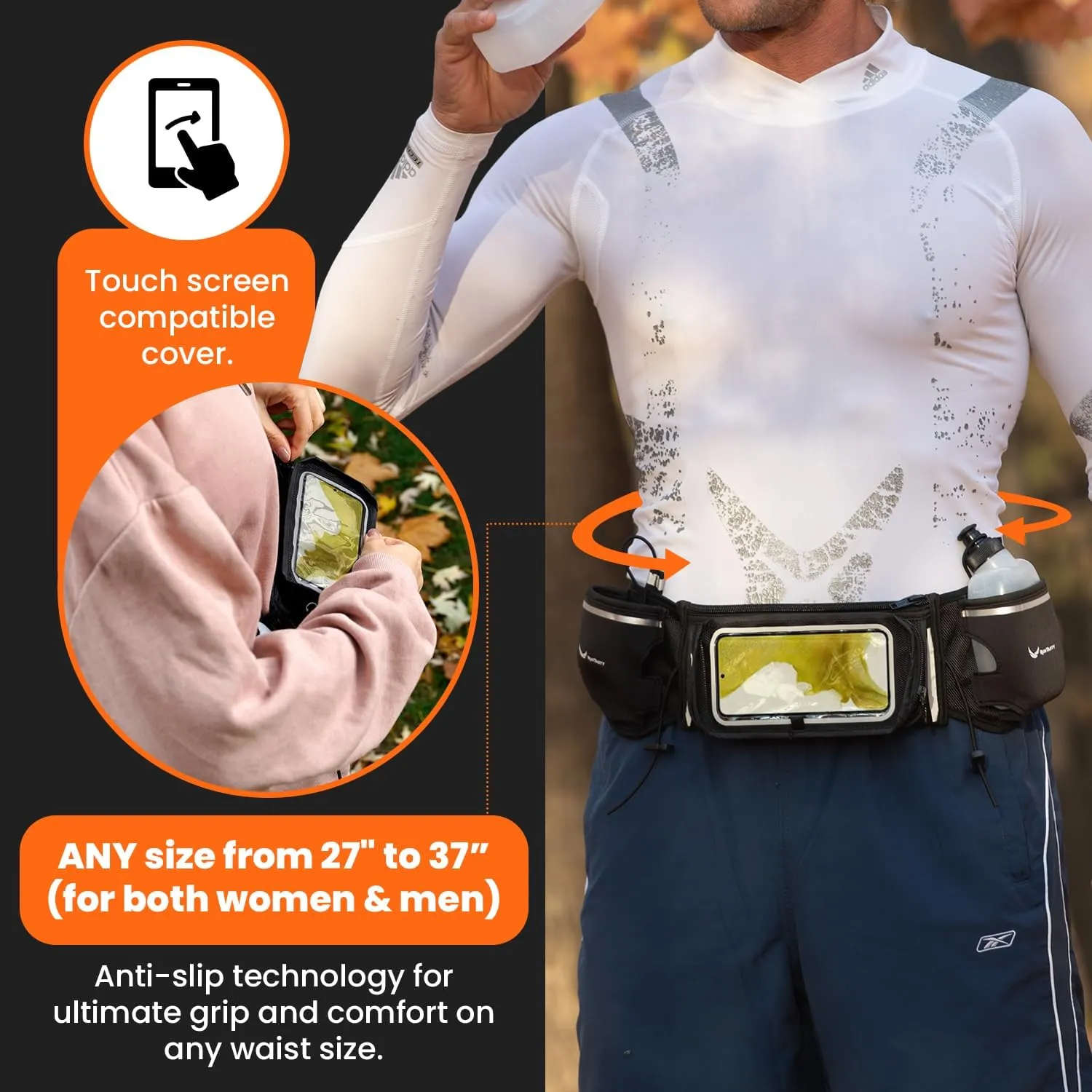 No.1 Hydration Belt by Runtasty - Premium Running Fuel Belt w/2 BPA-Free 10 oz Water Bottles, Tilt-Up Pocket w/Touchscreen-Ready Cover - Fits All iPhones, Runners Ebook & No-Bounce Design