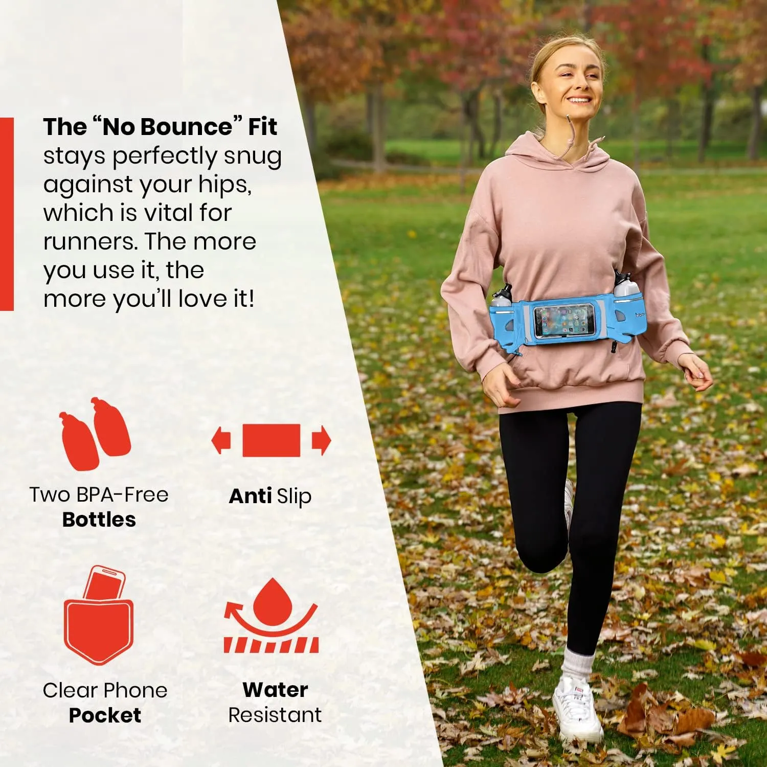 No.1 Hydration Belt by Runtasty - Premium Running Fuel Belt w/2 BPA-Free 10 oz Water Bottles, Tilt-Up Pocket w/Touchscreen-Ready Cover - Fits All iPhones, Runners Ebook & No-Bounce Design