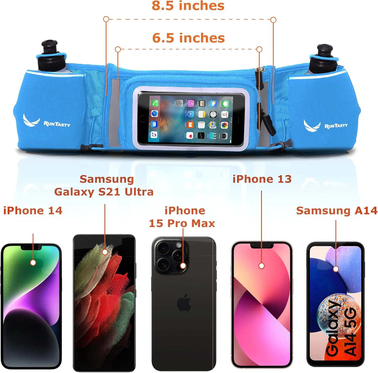 No.1 Hydration Belt by Runtasty - Premium Running Fuel Belt w/2 BPA-Free 10 oz Water Bottles, Tilt-Up Pocket w/Touchscreen-Ready Cover - Fits All iPhones, Runners Ebook & No-Bounce Design