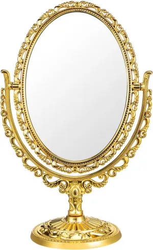 NOLITOY Vintage Desk Vanity Mirror, Golden Adjustable Makeup Mirror Two Sided Oval Swivel Cosmetic for Dressing Bathroom Bedroom