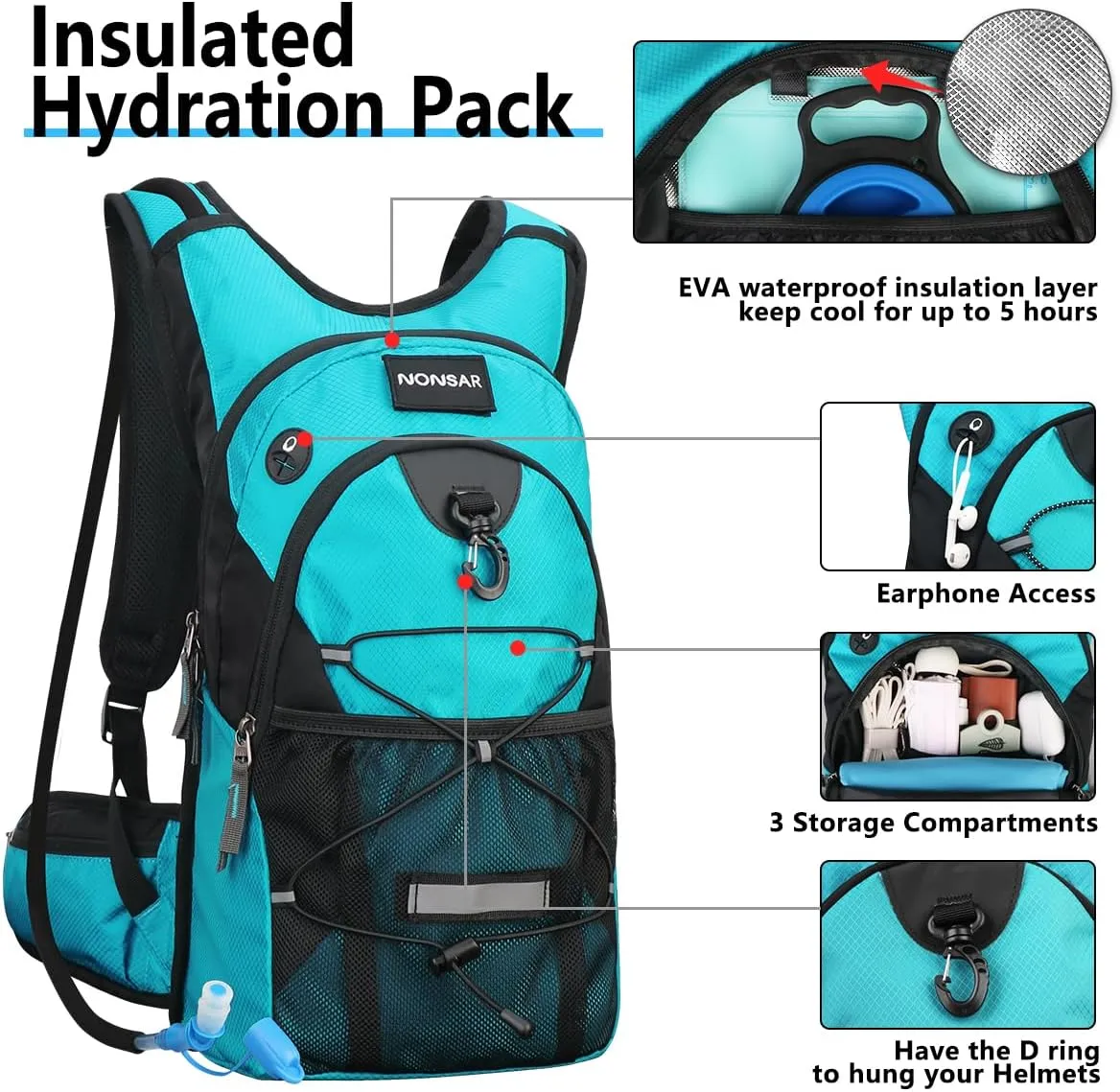 NONSAR Hydration Backpack, Hiking Backpack with 3L Water Bladder, Insulated Water Backpack for Women, Men, Kids, Keep Liquids Cool Up to 5 Hours, Daypack for Hiking, Running, Climbing, Cycling