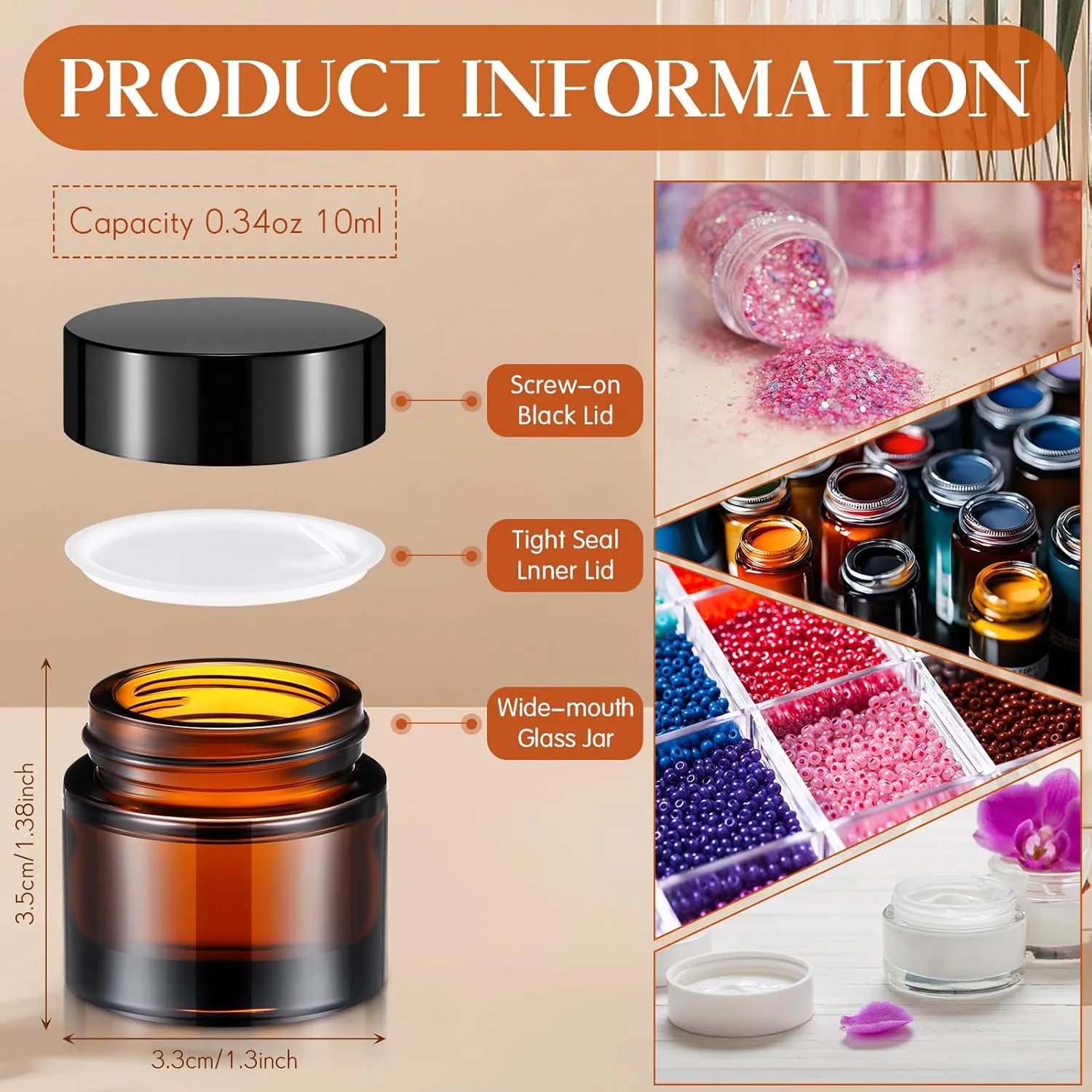 Norme 140 Pack 10ml Glass Jars with Lids Glass Cosmetic Containers Small Empty Sample Jars with Leakproof Lids for Lip Scrub Balm, Lotion, Cream, Oil, Wax, Makeup, Cosmetic(Amber)