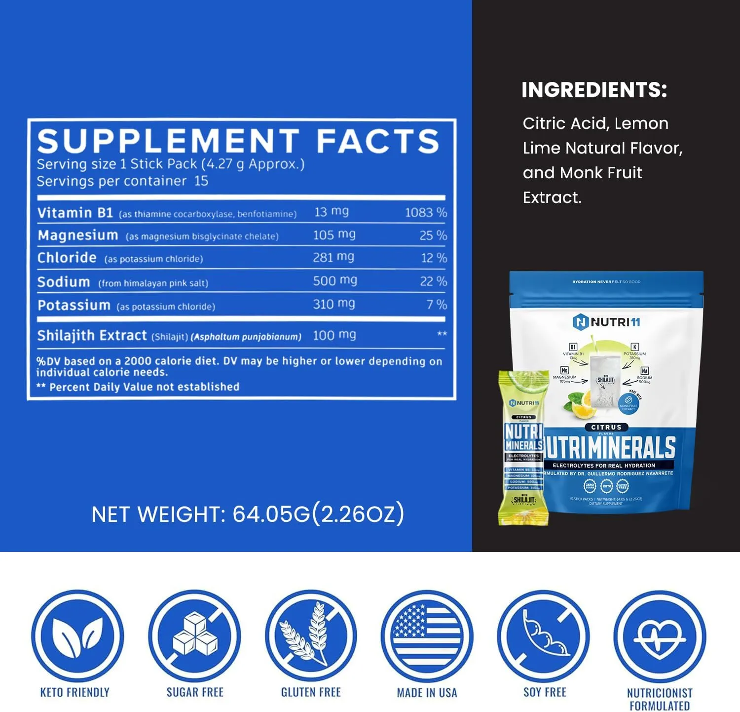 NUTRIMINERALS Hydration Electrolyte Powder | Advanced Vitamin B1, Shilajit & Pink Himalayan Salt | Zero Sugar | 15 Stick Packs | Clean Energy, Recovery & Detox Support (15 Sticks Pack, Citrus)