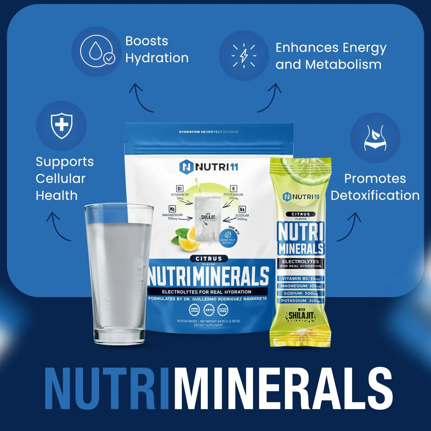 NUTRIMINERALS Hydration Electrolyte Powder | Advanced Vitamin B1, Shilajit & Pink Himalayan Salt | Zero Sugar | 15 Stick Packs | Clean Energy, Recovery & Detox Support (15 Sticks Pack, Citrus)