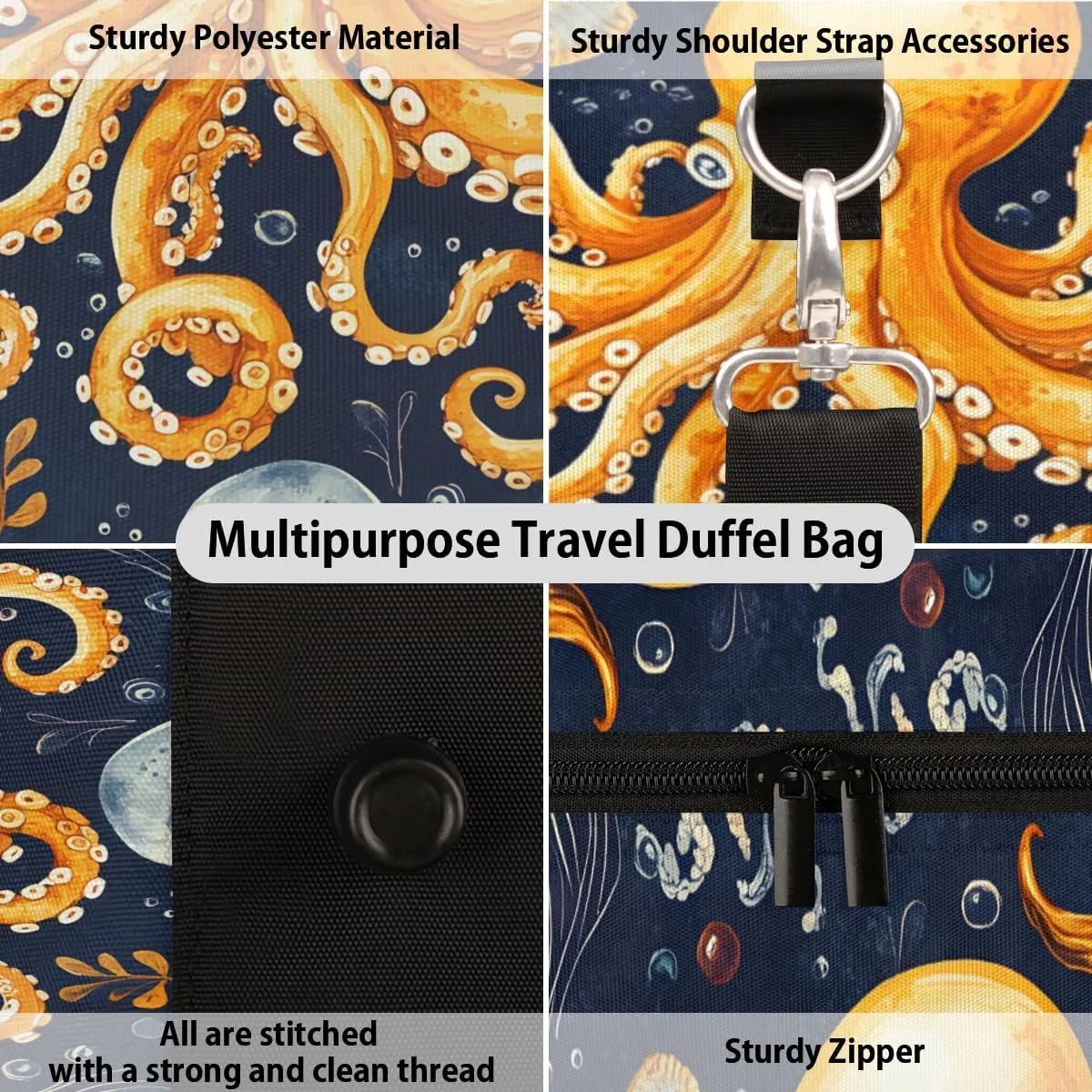 Ocean Octopus Travel Duffle Bag for Women Men Gym Duffel Foldable Bag Waterproof Weekender Sea Life Duffle Tote