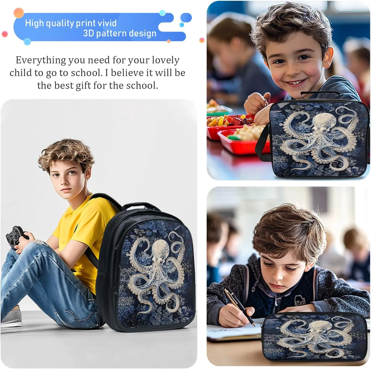 Octopus School Backpack for Teens Kids Kindergarten Elementary Middle School Nautical 3-Pcs Bookbag, Octopus Ocean Navy Back Pack for Boys Girls Children Marine Book Bag, Small Modern Bag