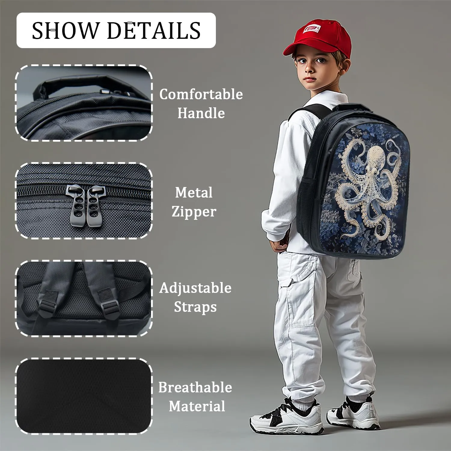 Octopus School Backpack for Teens Kids Kindergarten Elementary Middle School Nautical 3-Pcs Bookbag, Octopus Ocean Navy Back Pack for Boys Girls Children Marine Book Bag, Small Modern Bag