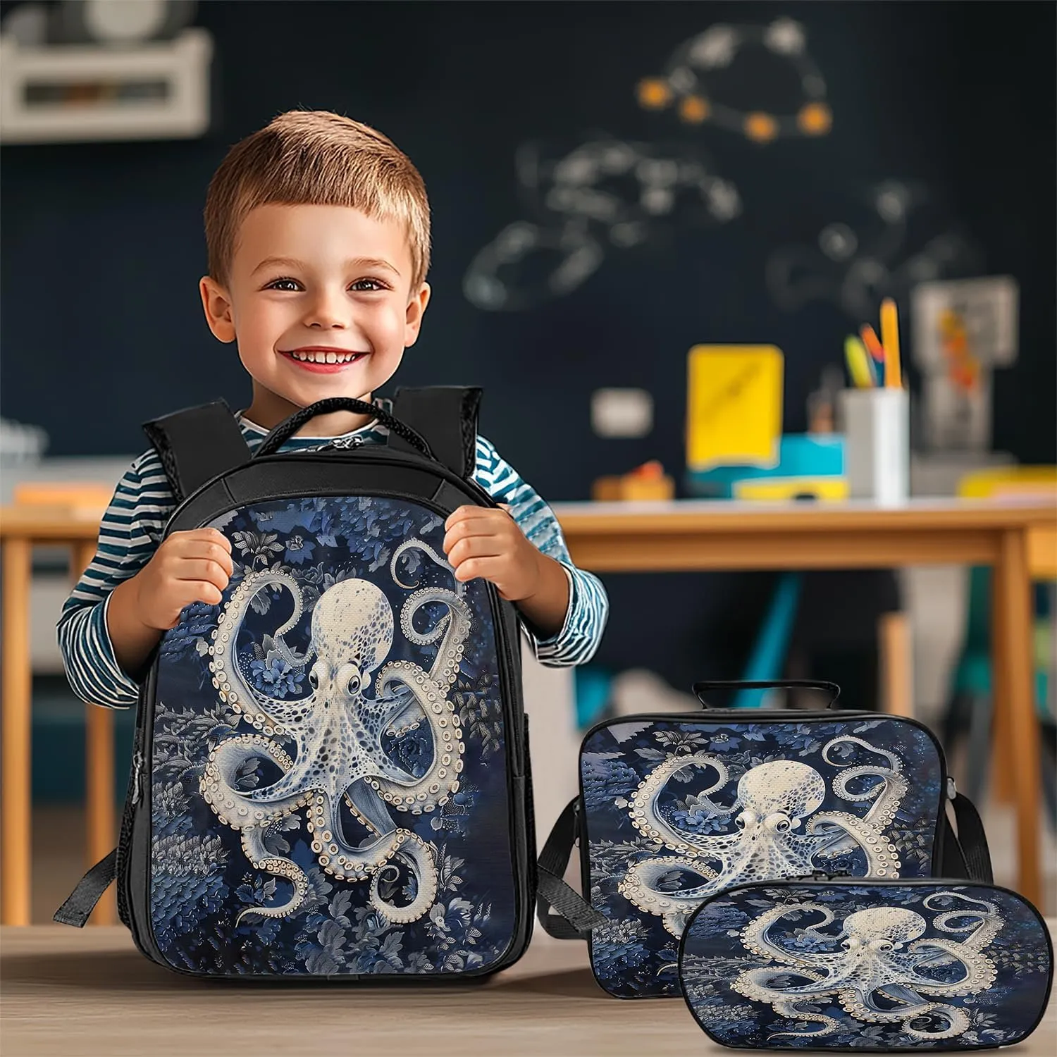 Octopus School Backpack for Teens Kids Kindergarten Elementary Middle School Nautical 3-Pcs Bookbag, Octopus Ocean Navy Back Pack for Boys Girls Children Marine Book Bag, Small Modern Bag