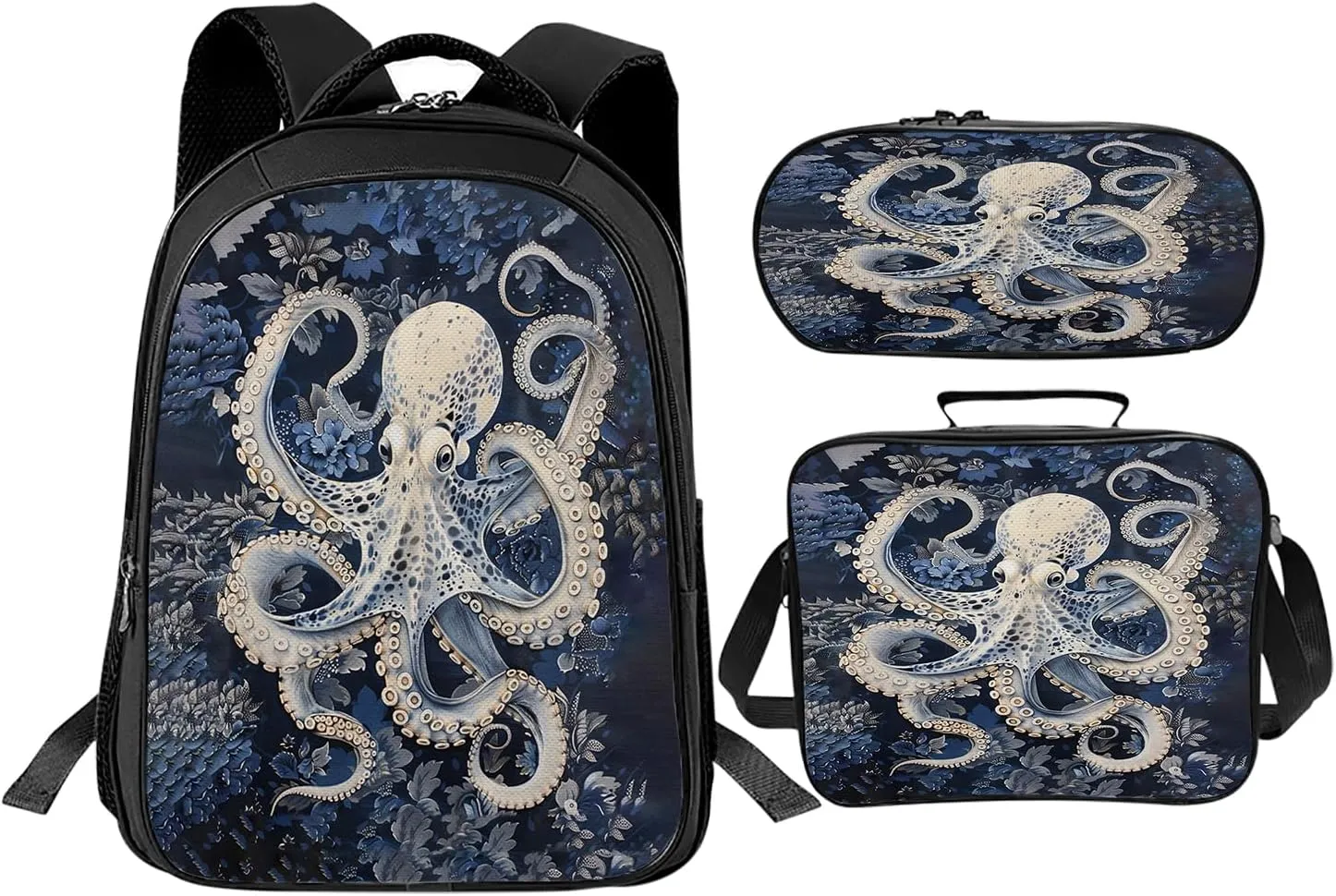 Octopus School Backpack for Teens Kids Kindergarten Elementary Middle School Nautical 3-Pcs Bookbag, Octopus Ocean Navy Back Pack for Boys Girls Children Marine Book Bag, Small Modern Bag