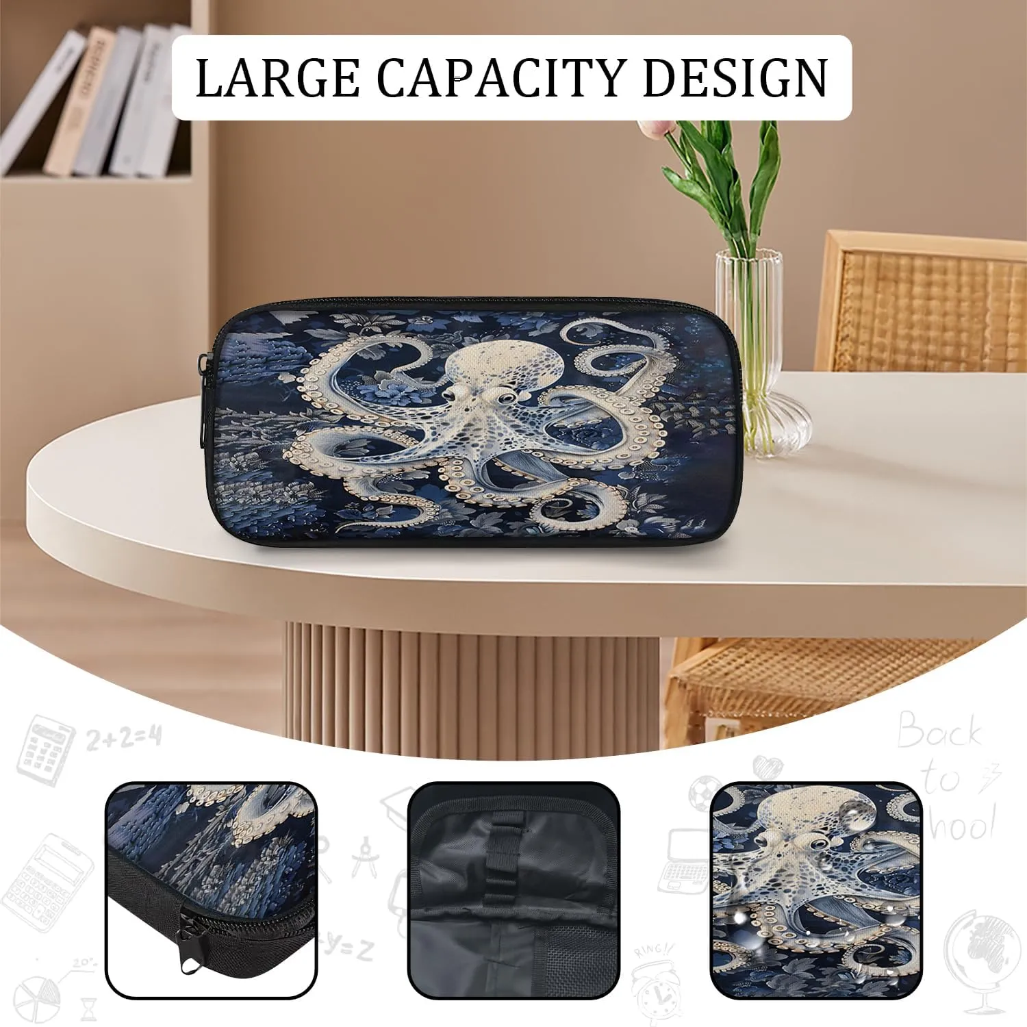 Octopus School Backpack for Teens Kids Kindergarten Elementary Middle School Nautical 3-Pcs Bookbag, Octopus Ocean Navy Back Pack for Boys Girls Children Marine Book Bag, Small Modern Bag