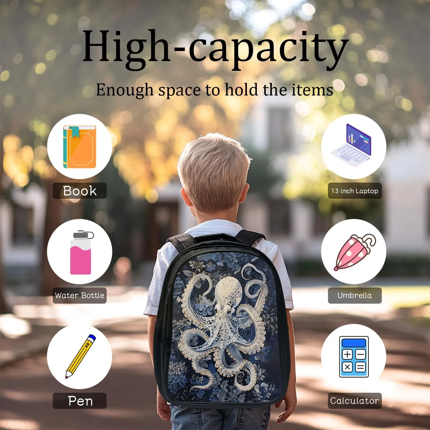 Octopus School Backpack for Teens Kids Kindergarten Elementary Middle School Nautical 3-Pcs Bookbag, Octopus Ocean Navy Back Pack for Boys Girls Children Marine Book Bag, Small Modern Bag