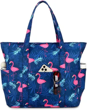 Octsky Roomy Beach Bags for Women - Waterproof Sandproof Beach Tote with Dual Zipper and Wet Pocket - 3 Outside Pockets
