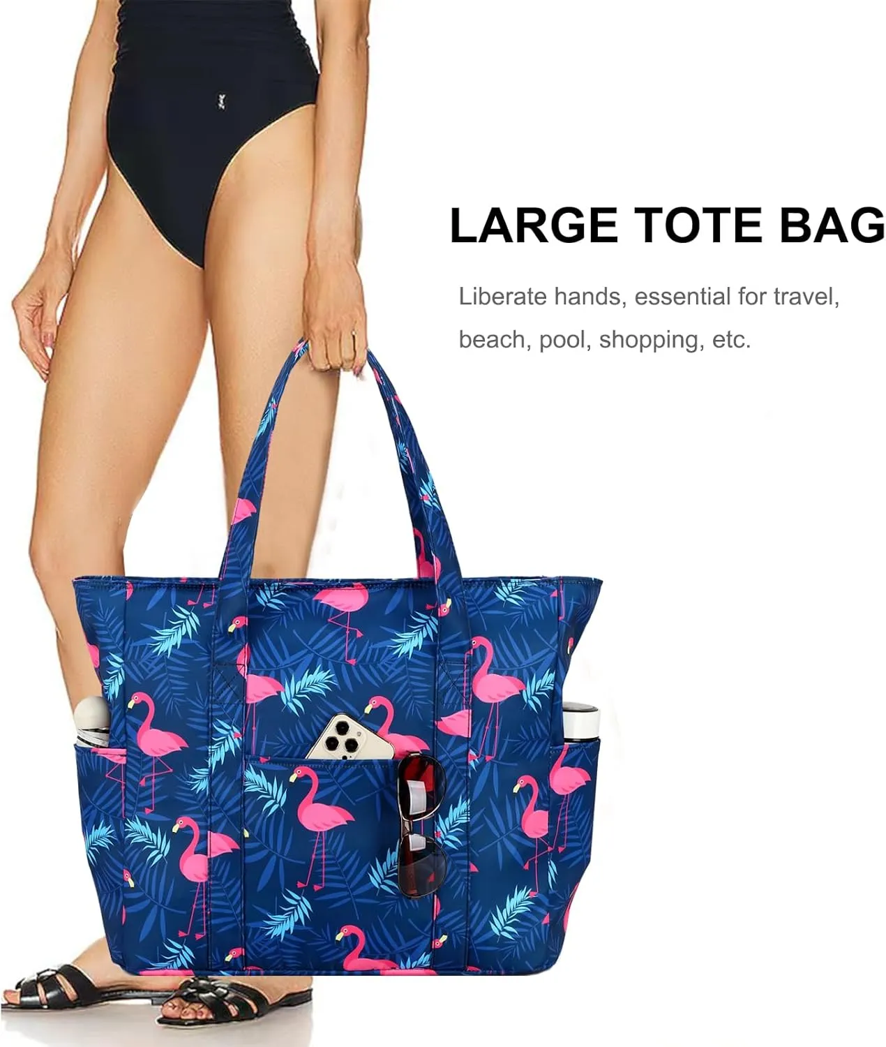 Octsky Roomy Beach Bags for Women - Waterproof Sandproof Beach Tote with Dual Zipper and Wet Pocket - 3 Outside Pockets