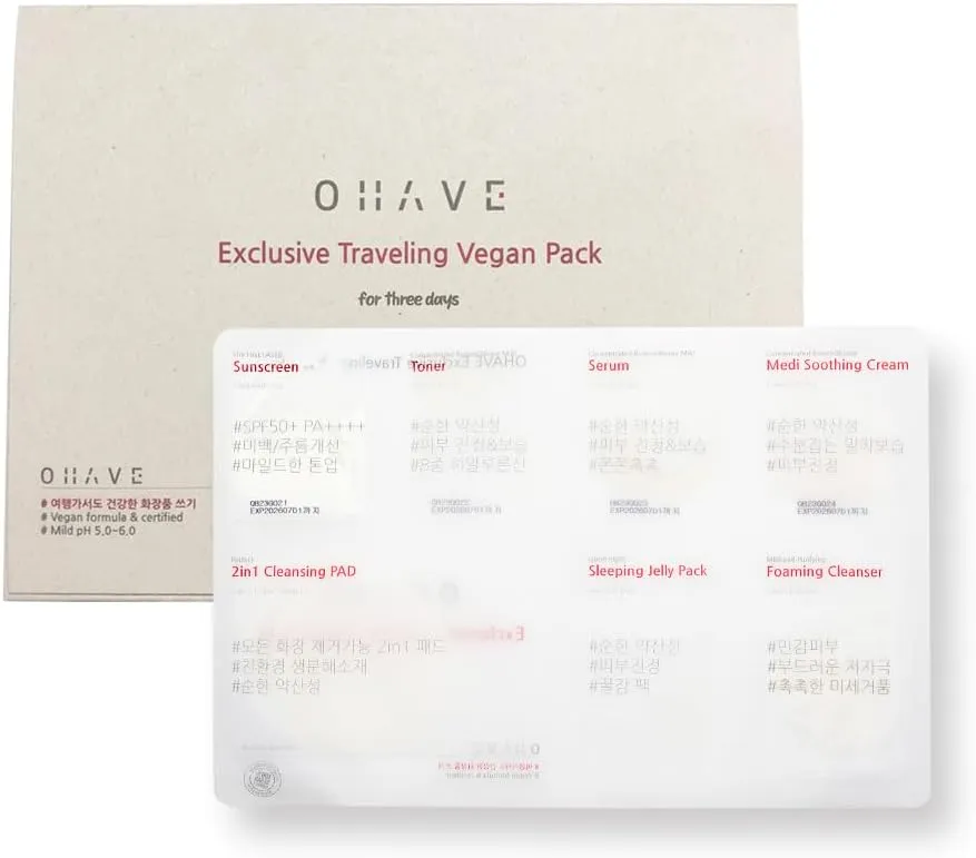 OHAVE Travel Cosmetic Case with Vegan Skincare Essentials – Compact Skincare Organizer with Cleanser, Moisturizer, Serum & Toner – Cruelty-Free, Eco-Friendly, Portable Size Fro 3 Pack