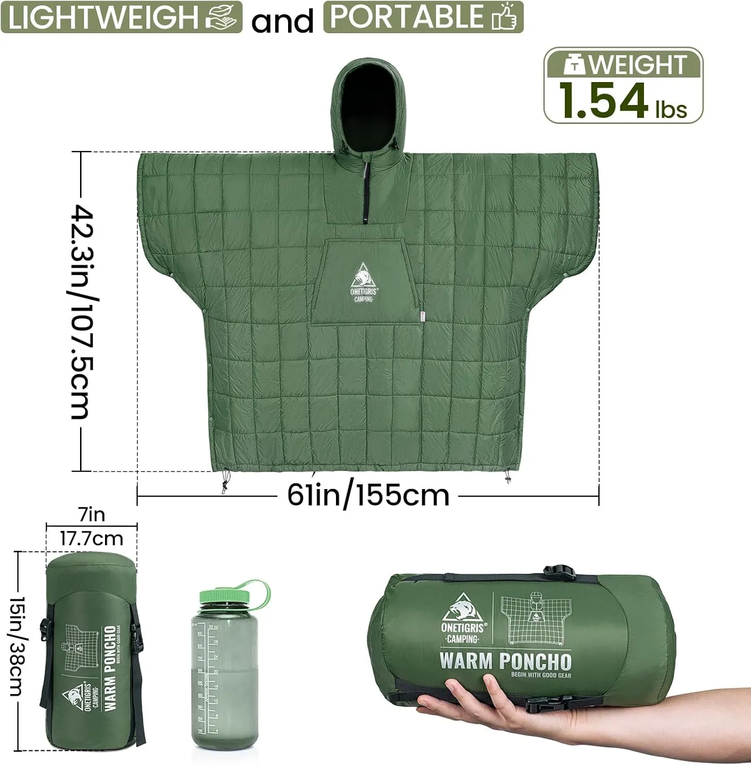 OneTigris Camping Blanket Honcho Poncho with 3M Thinsulate Insulation,Wearable Sleeping Bag Poncho for Camping Large Ultralight Water-Resisitant Warm Wearable Blanket for Outdoor Camping,Hiking