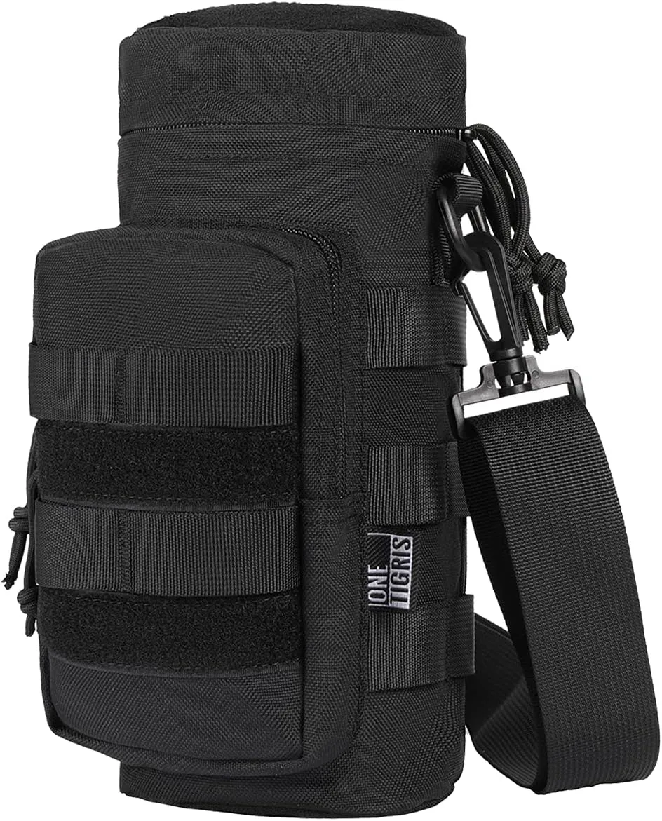 OneTigris Molle Water Bottle Pouch, 32oz Sniper Bottle Holder Tactical Hydration Carrier Bag with Extra Pouch and Detachable Shoulder Strap 1000D Nylon for Hiking Camping Climbing