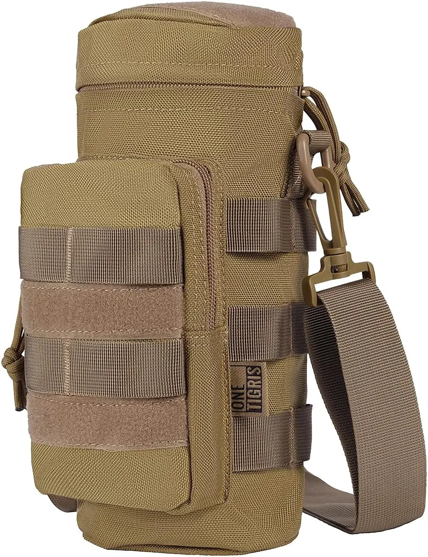OneTigris Molle Water Bottle Pouch, 32oz Sniper Bottle Holder Tactical Hydration Carrier Bag with Extra Pouch and Detachable Shoulder Strap 1000D Nylon for Hiking Camping Climbing