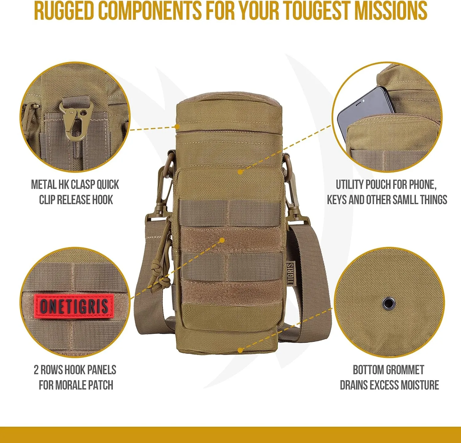 OneTigris Molle Water Bottle Pouch, 32oz Sniper Bottle Holder Tactical Hydration Carrier Bag with Extra Pouch and Detachable Shoulder Strap 1000D Nylon for Hiking Camping Climbing