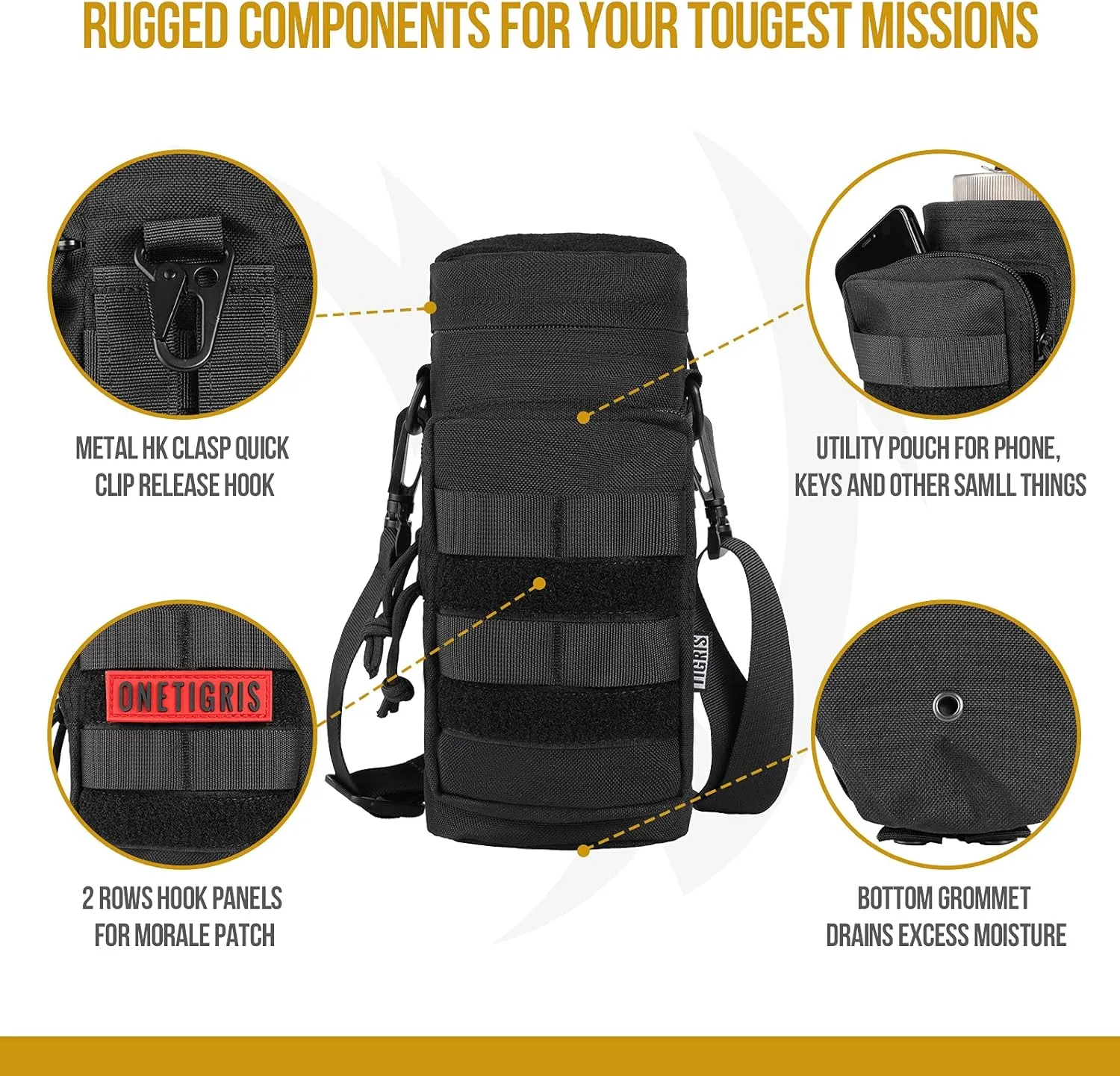 OneTigris Molle Water Bottle Pouch, 32oz Sniper Bottle Holder Tactical Hydration Carrier Bag with Extra Pouch and Detachable Shoulder Strap 1000D Nylon for Hiking Camping Climbing