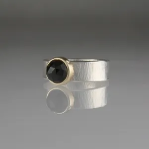 Onyx Ring, 14k Setting, Sterling, Textured Wide Band, Faceted Gemstone