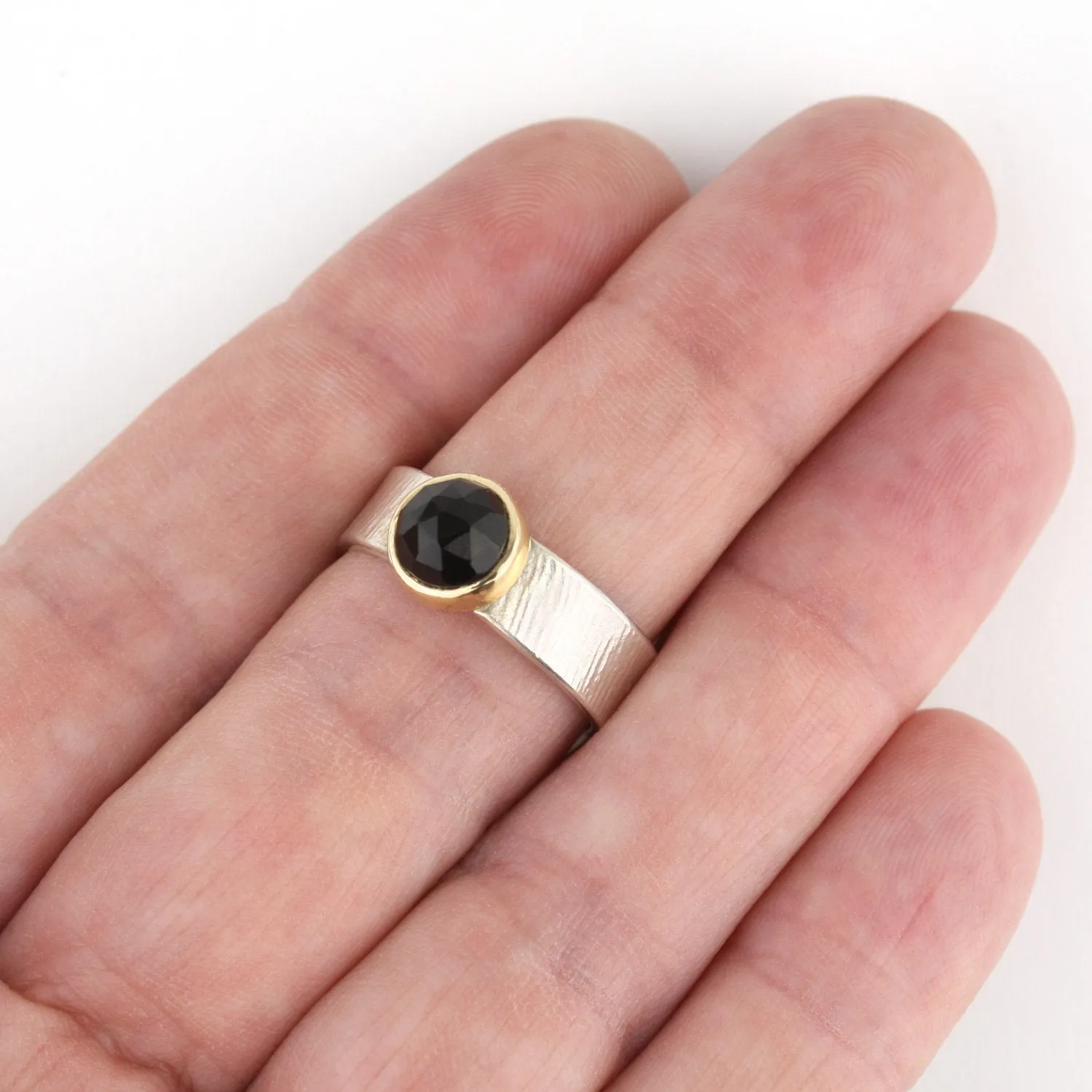 Onyx Ring, 14k Setting, Sterling, Textured Wide Band, Faceted Gemstone