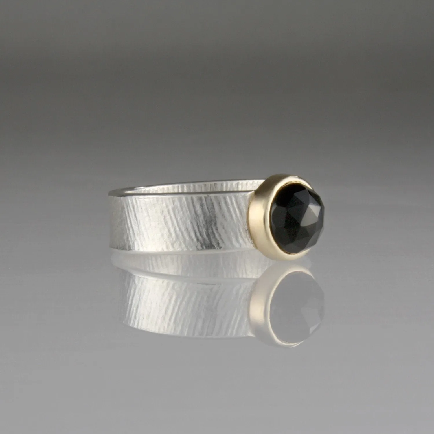 Onyx Ring, 14k Setting, Sterling, Textured Wide Band, Faceted Gemstone