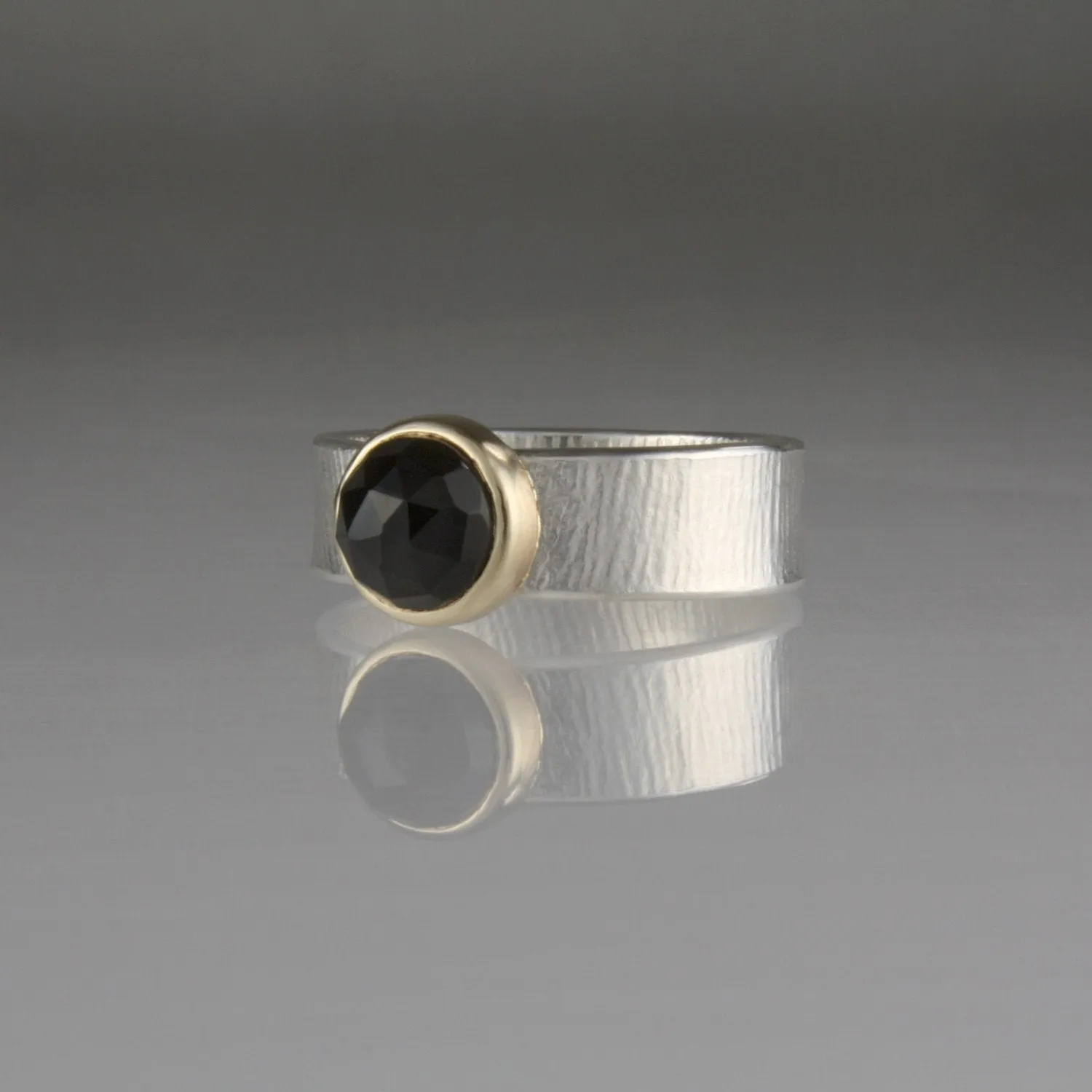 Onyx Ring, 14k Setting, Sterling, Textured Wide Band, Faceted Gemstone
