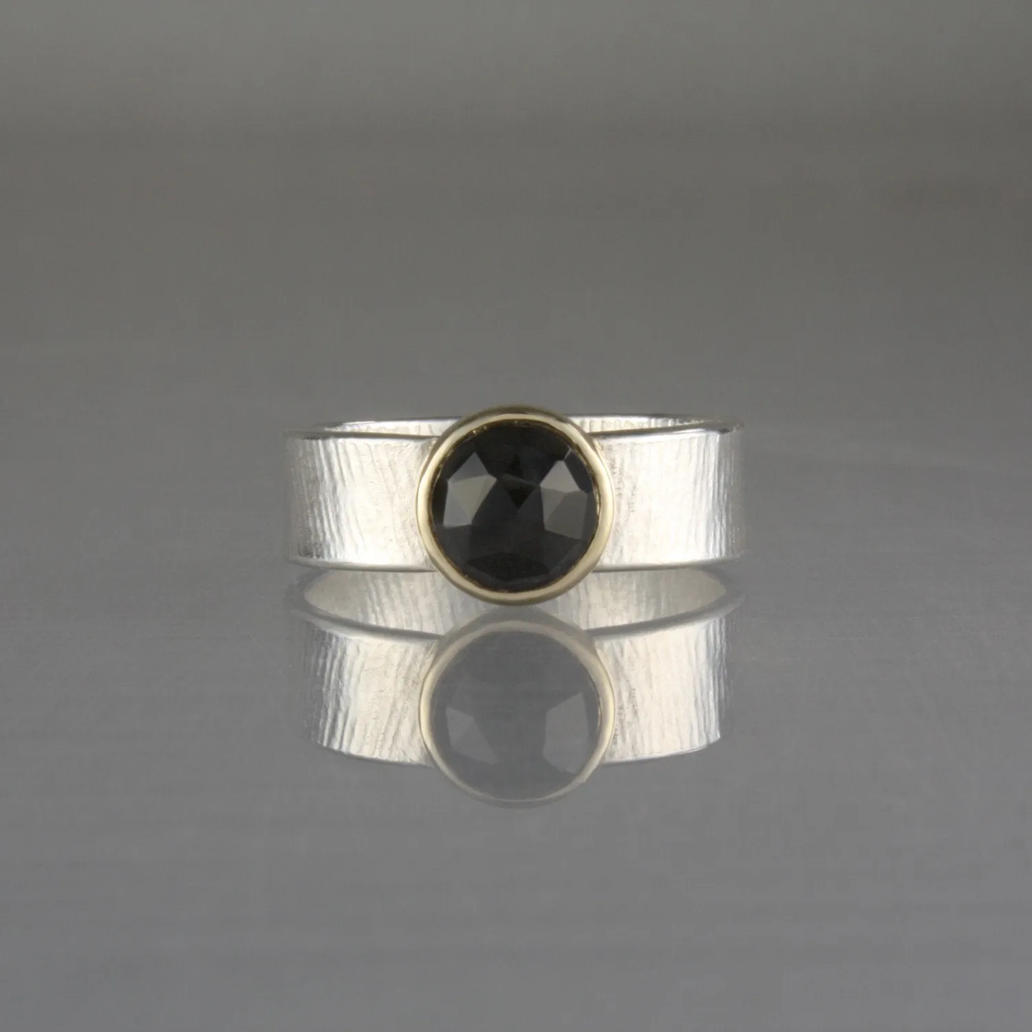 Onyx Ring, 14k Setting, Sterling, Textured Wide Band, Faceted Gemstone