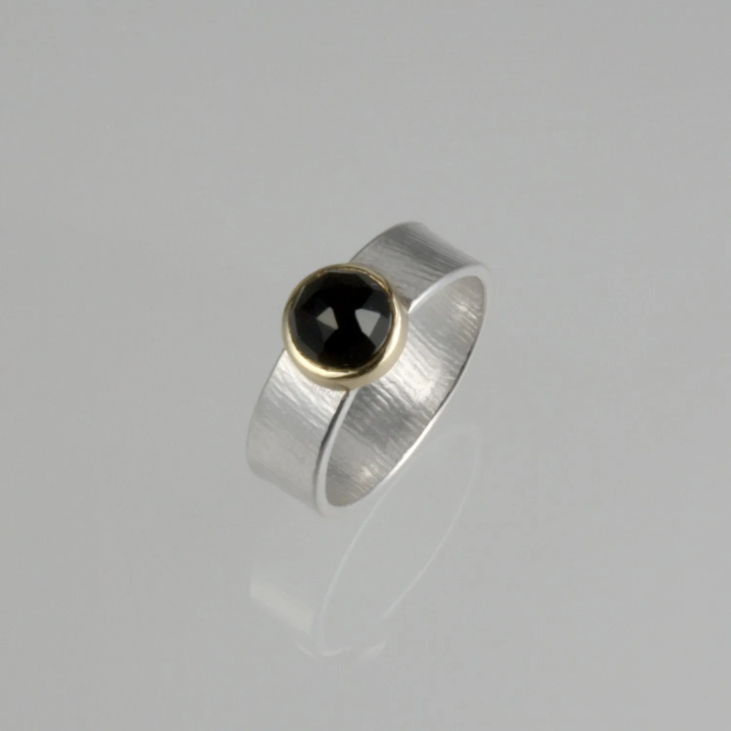 Onyx Ring, 14k Setting, Sterling, Textured Wide Band, Faceted Gemstone