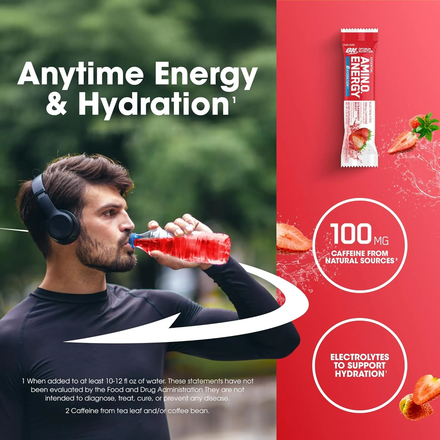 Optimum Nutrition Amino Energy Plus Hydration Packets, On-The-Go Energy Powder Stick Packs, Strawberry Burst, 25 Count