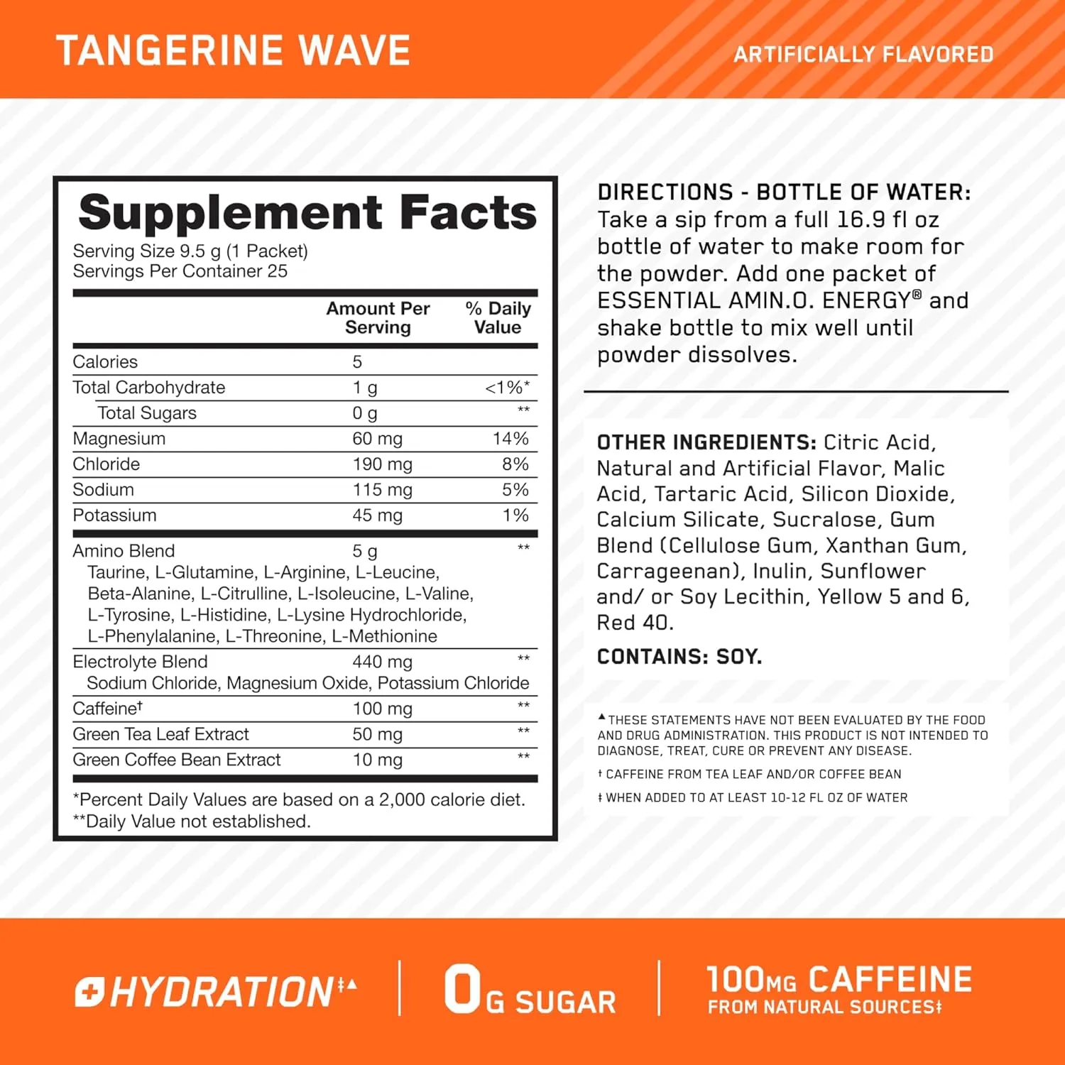 Optimum Nutrition Amino Energy Plus Hydration Packets, On-The-Go Energy Powder Stick Packs, Tangerine Wave, 25 Count