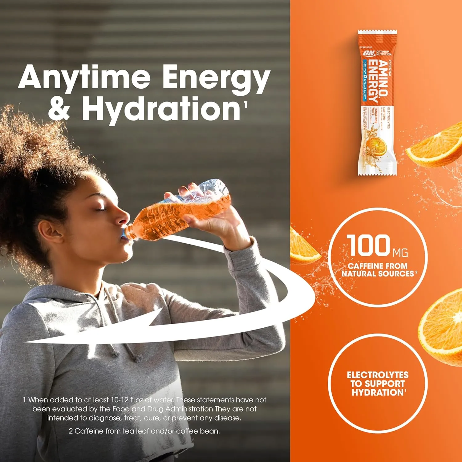 Optimum Nutrition Amino Energy Plus Hydration Packets, On-The-Go Energy Powder Stick Packs, Tangerine Wave, 25 Count