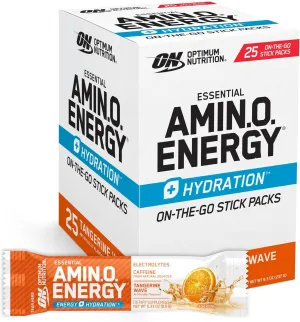 Optimum Nutrition Amino Energy Plus Hydration Packets, On-The-Go Energy Powder Stick Packs, Tangerine Wave, 25 Count
