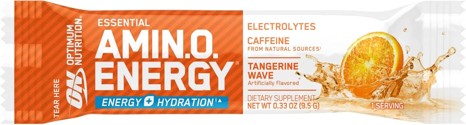 Optimum Nutrition Amino Energy Plus Hydration Packets, On-The-Go Energy Powder Stick Packs, Tangerine Wave, 25 Count