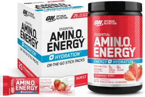 Optimum Nutrition Strawberry Burst Bundle: Amino Energy Powder Plus Hydration with BCAA, Electrolytes and Caffeine, 30 Servings (Packaging May Vary) Amino Energy On-The-Go Powder Stick Packs, 25 Count