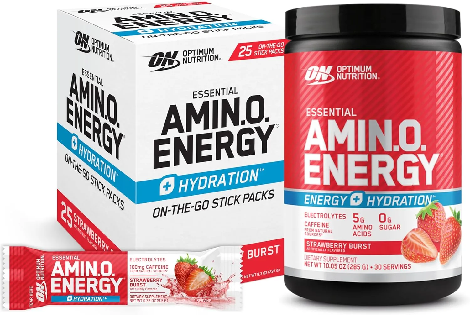 Optimum Nutrition Strawberry Burst Bundle: Amino Energy Powder Plus Hydration with BCAA, Electrolytes and Caffeine, 30 Servings (Packaging May Vary) Amino Energy On-The-Go Powder Stick Packs, 25 Count