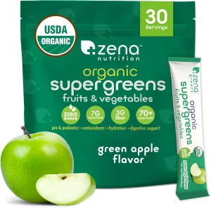 Organic Super Greens Powder, 70  Superfoods, 0 Sugar, 3G Fiber, Spirulina, Chlorella, Antioxidants, Prebiotics/Probiotics, Digestive Enzymes, Green Apple, 30 Drink Mix Packets