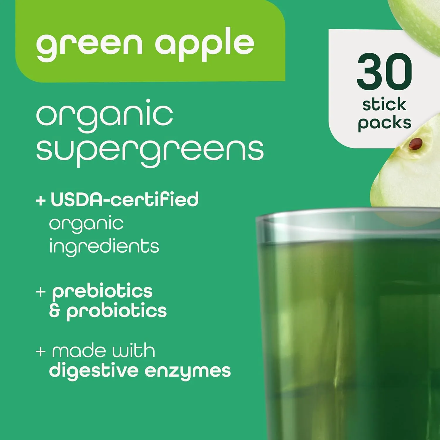 Organic Super Greens Powder, 70  Superfoods, 0 Sugar, 3G Fiber, Spirulina, Chlorella, Antioxidants, Prebiotics/Probiotics, Digestive Enzymes, Green Apple, 30 Drink Mix Packets