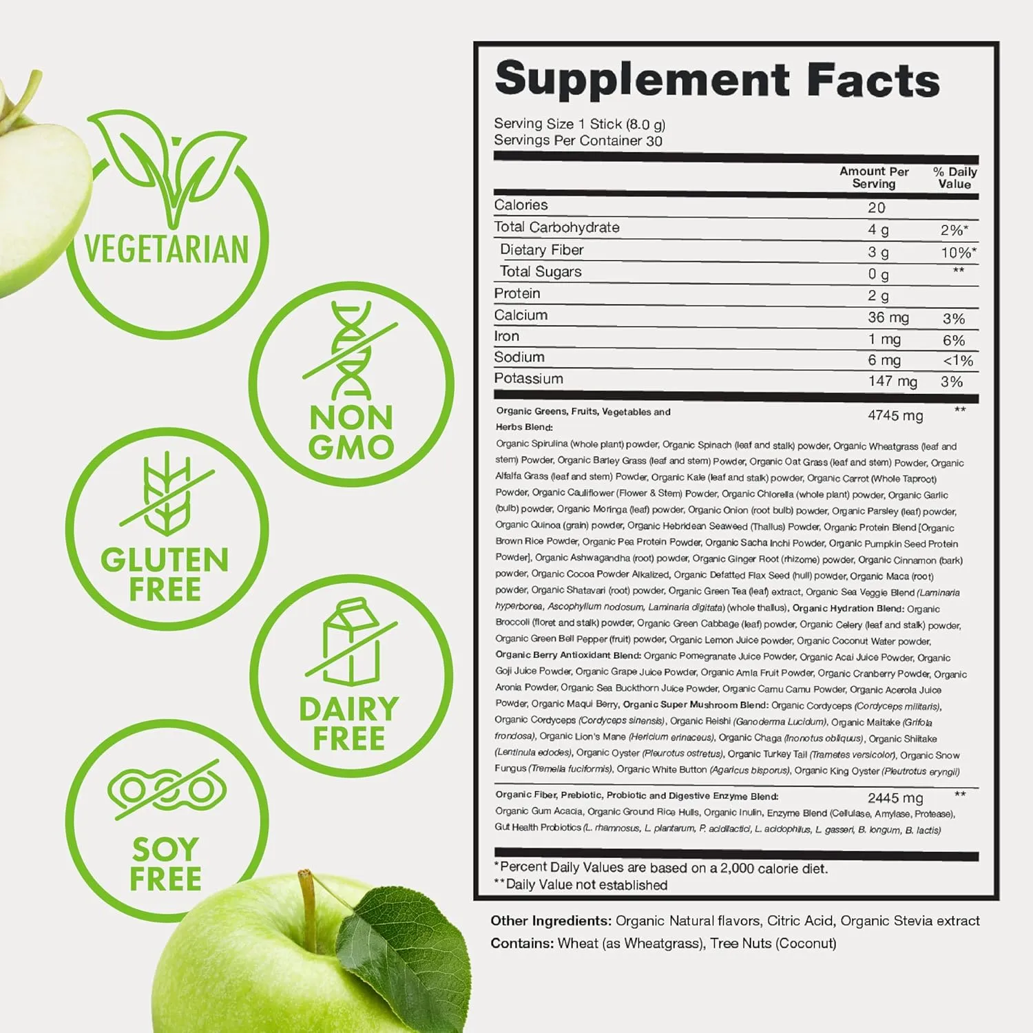 Organic Super Greens Powder, 70  Superfoods, 0 Sugar, 3G Fiber, Spirulina, Chlorella, Antioxidants, Prebiotics/Probiotics, Digestive Enzymes, Green Apple, 30 Drink Mix Packets