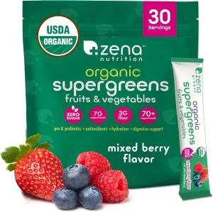 Organic Super Greens Powder, 70  Superfoods, 0 Sugar, 3G Fiber, Spirulina, Chlorella, Antioxidants, Prebiotics/Probiotics, Digestive Enzymes, Mixed Berry, 30 Drink Mix Packets