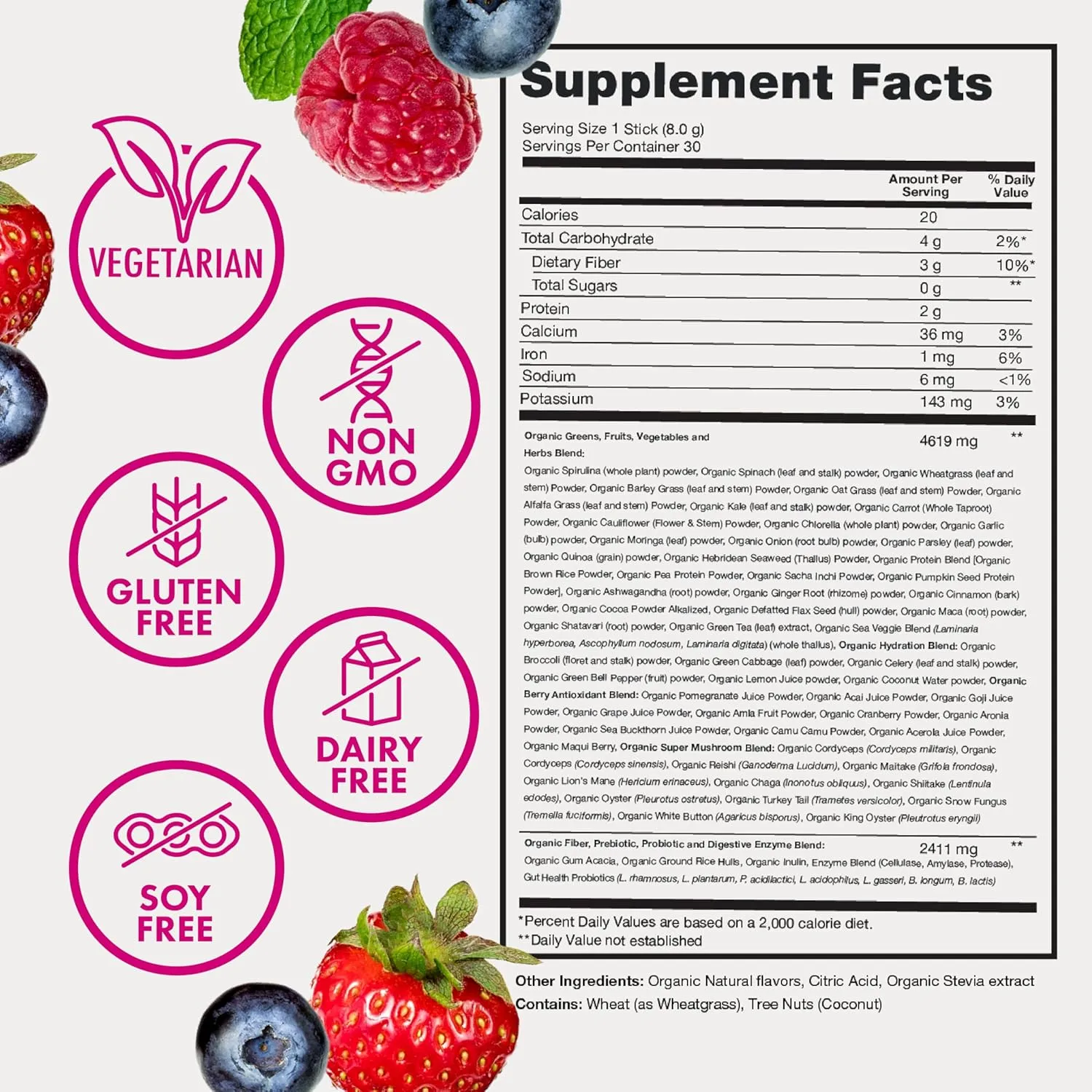 Organic Super Greens Powder, 70  Superfoods, 0 Sugar, 3G Fiber, Spirulina, Chlorella, Antioxidants, Prebiotics/Probiotics, Digestive Enzymes, Mixed Berry, 30 Drink Mix Packets
