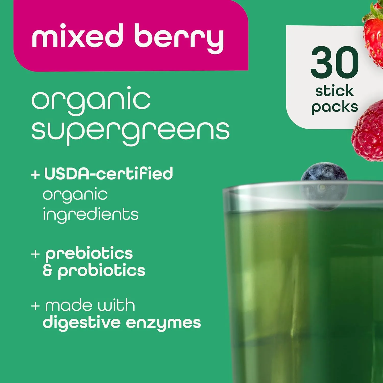 Organic Super Greens Powder, 70  Superfoods, 0 Sugar, 3G Fiber, Spirulina, Chlorella, Antioxidants, Prebiotics/Probiotics, Digestive Enzymes, Mixed Berry, 30 Drink Mix Packets