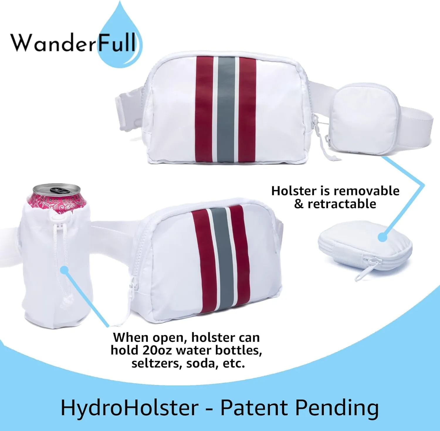 Original Crossbody HydroBeltbag | Fanny Pack with Removable Water Bottle Holder | Adjustable Waist Bag for Carrying Your Purse, Phone, Accessories w/Tumbler Holder (Crimson/Grey Stripe)