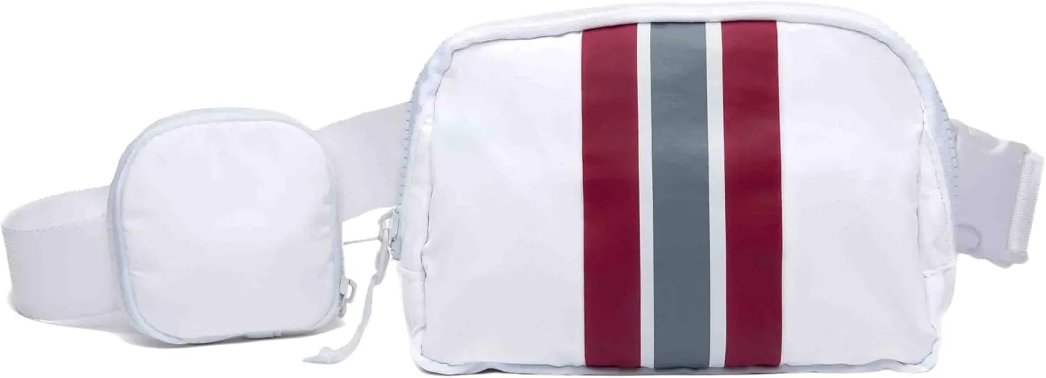 Original Crossbody HydroBeltbag | Fanny Pack with Removable Water Bottle Holder | Adjustable Waist Bag for Carrying Your Purse, Phone, Accessories w/Tumbler Holder (Crimson/Grey Stripe)