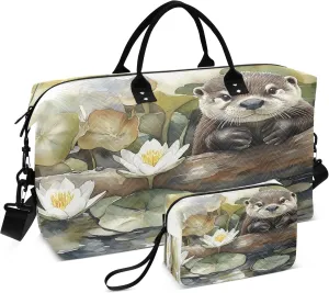 Otter in Pond Travel Duffel Bags Carry on Weekender Overnight Bag Large for Airplane with Toiletry Bag for Men Women