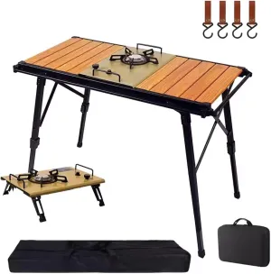 Outdoor Folding Table Camping Aluminum Folding Table, Folding Camping Table Portable with Stainless Steel Tabletop Stove Adjustable Height for Picnic Camping(Yellow)