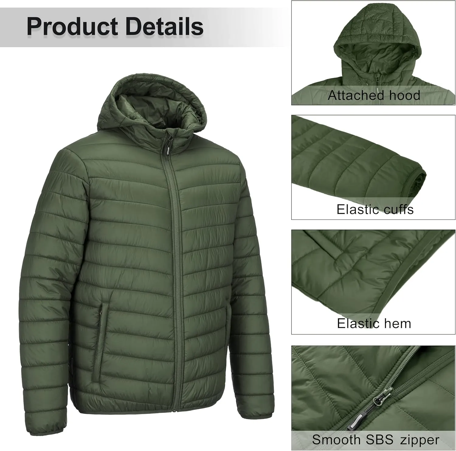 Outdoor Ventures Men's Lightweight Packable Hooded Puffer Jacket Insulated Winter Coat for Snow Ski Traveling