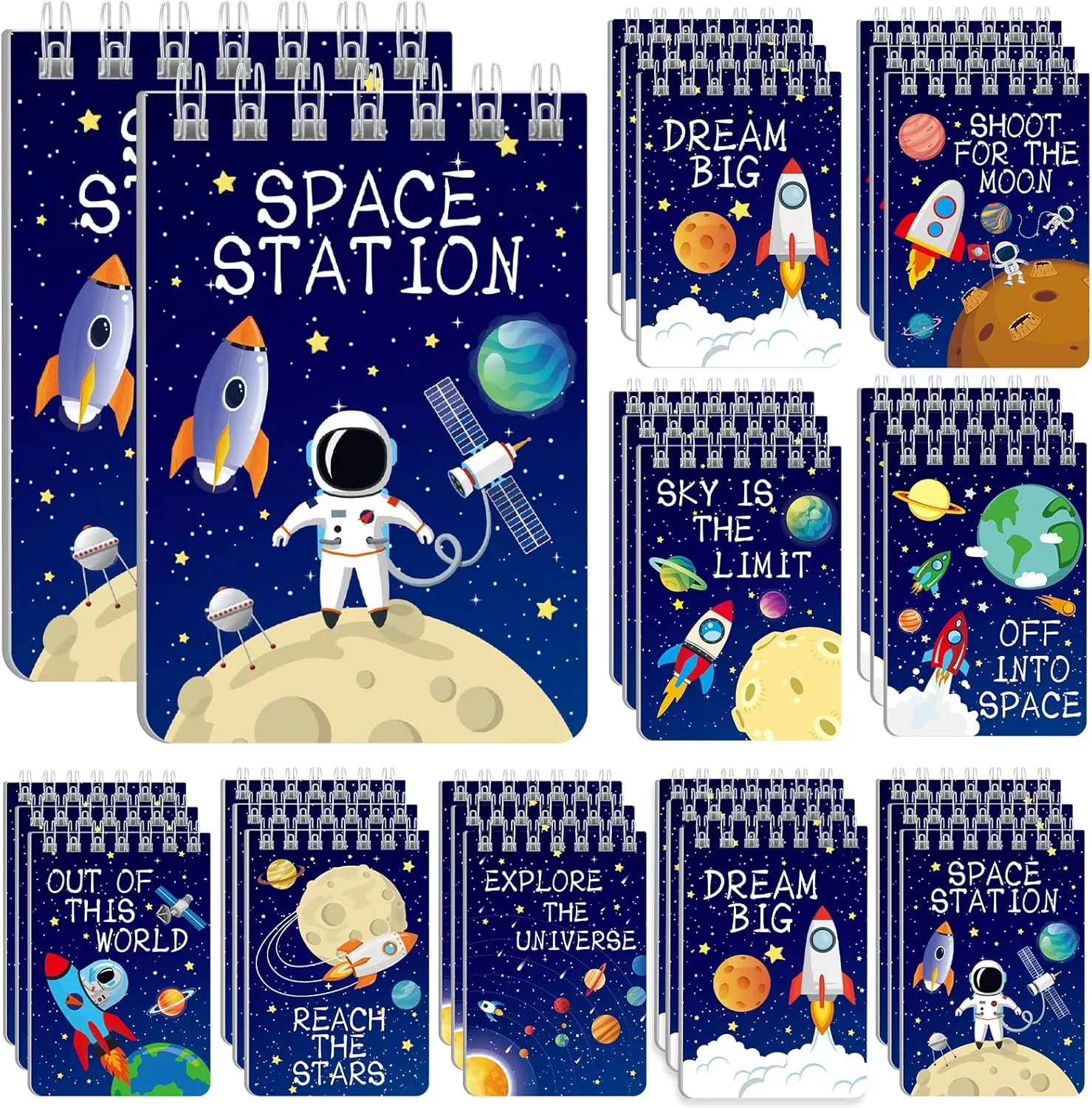 Outer Space Mini Notebook 32 Pack Space Party Favor Galaxy Goodie Bags Solar System Astronaut Science Rocket Planet Small Spiral Pocket Notepads for Space Theme Birthday Party Supplies